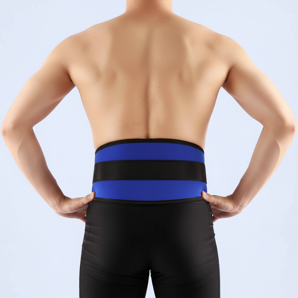 Rear view of a shirtless man wearing a waist trainer belt with black and royal blue horizontal stripes, paired with black athletic pants, against a light blue background.