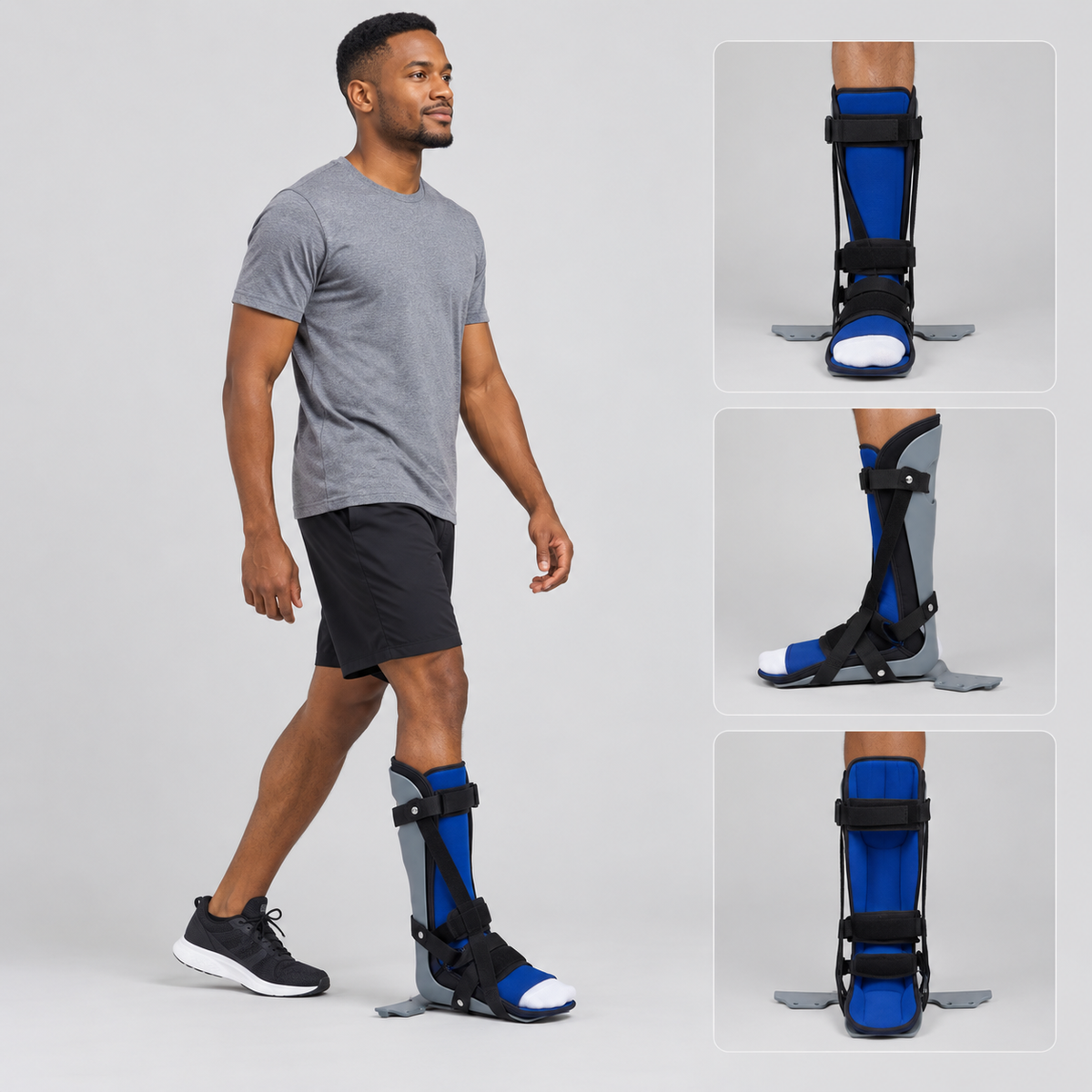 A man wearing a walker fracture orthopedic boot walks against a light gray studio background, with three inset close-up views on the right showing the brace from different angles.