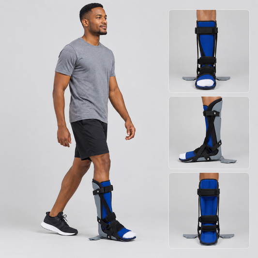 A man wearing a walker fracture orthopedic boot walks against a light gray studio background, with three inset close-up views on the right showing the brace from different angles.
