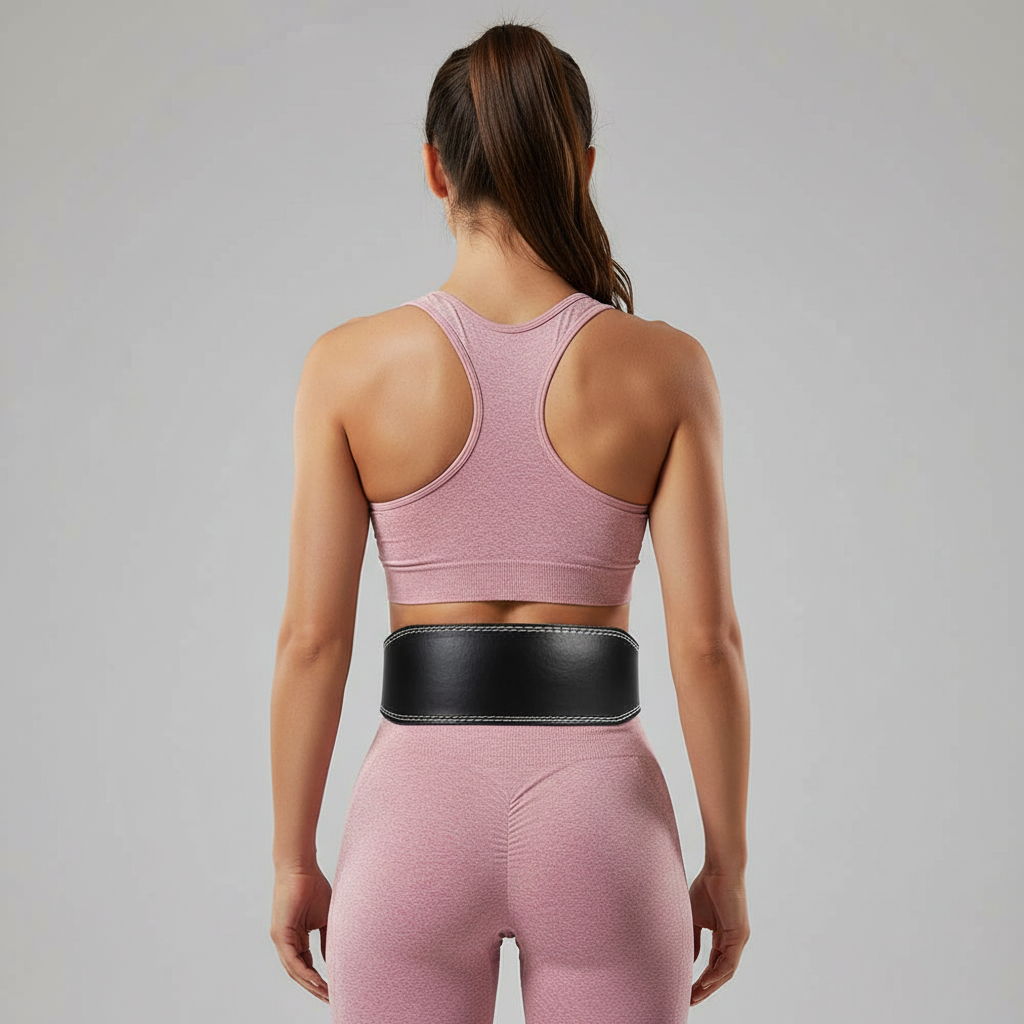 Rear view of a woman wearing a weight lifting belt gym, against a solid gray studio background.