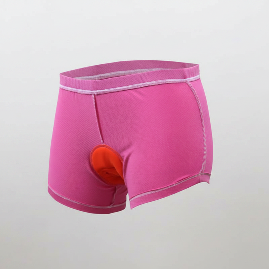 Pink cycling shorts with a bright orange cushioned seat, shown against a light gray background.