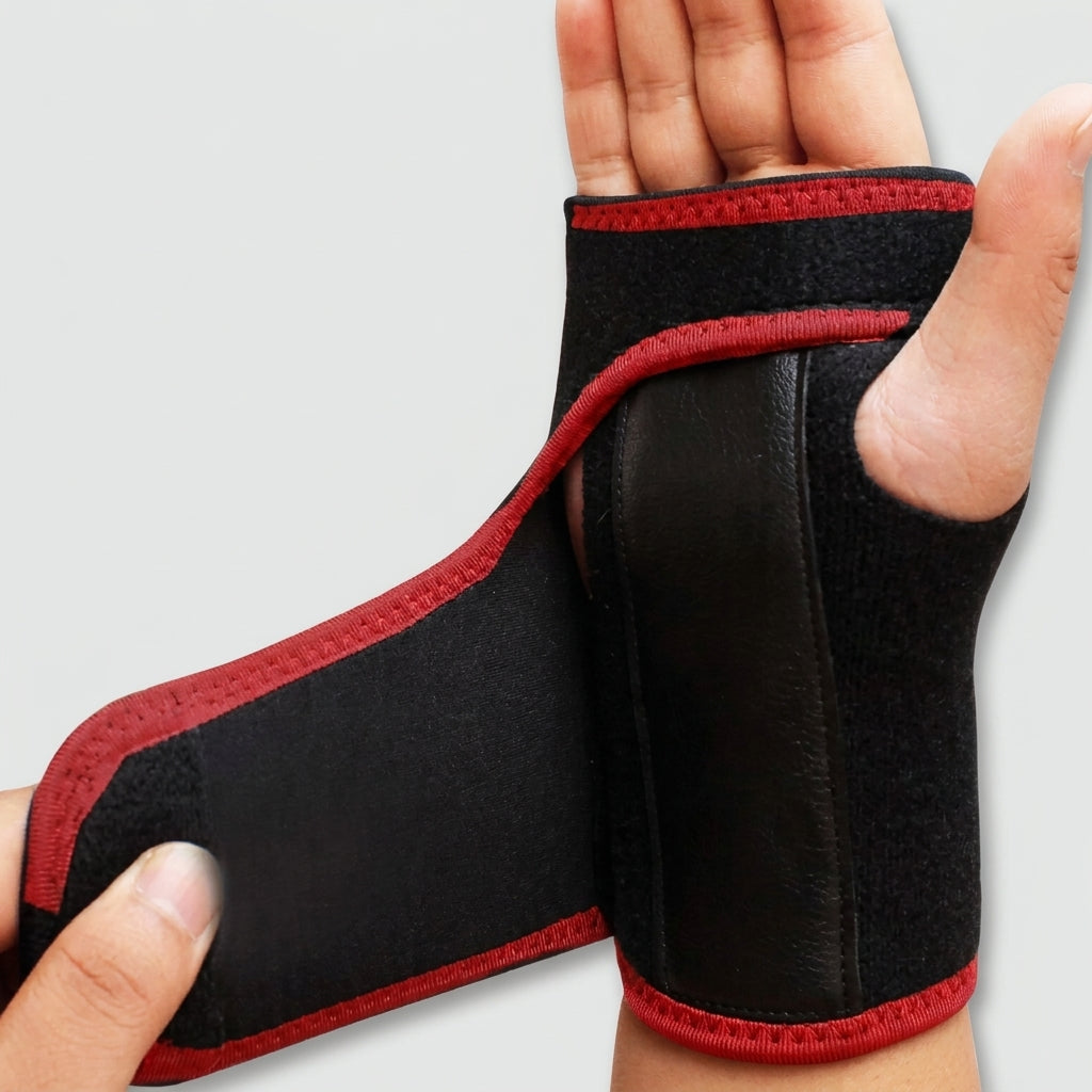 A black wrist brace arthritis support with red trim being worn on a hand, shown against a light gray background.