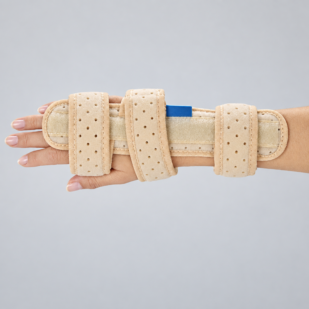 A wrist splint brace, shown on a person's hand against a light gray background.