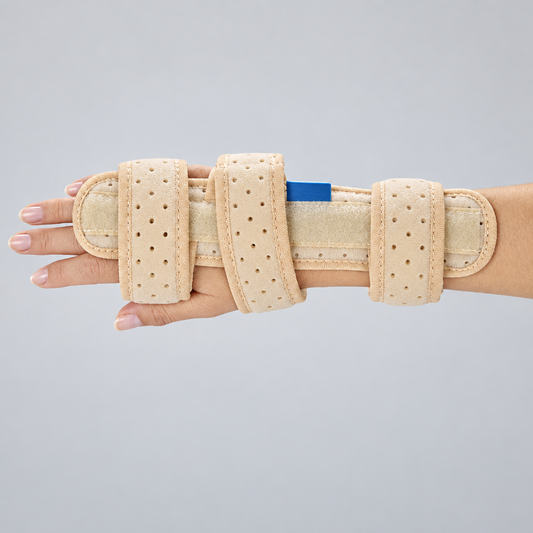A wrist splint brace, shown on a person's hand against a light gray background.
