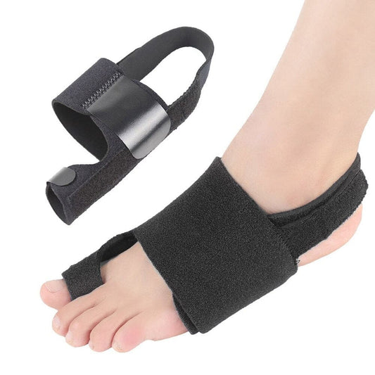 Black Big Toe Splint showing its secure wrap-around strap design on an adult's left foot.