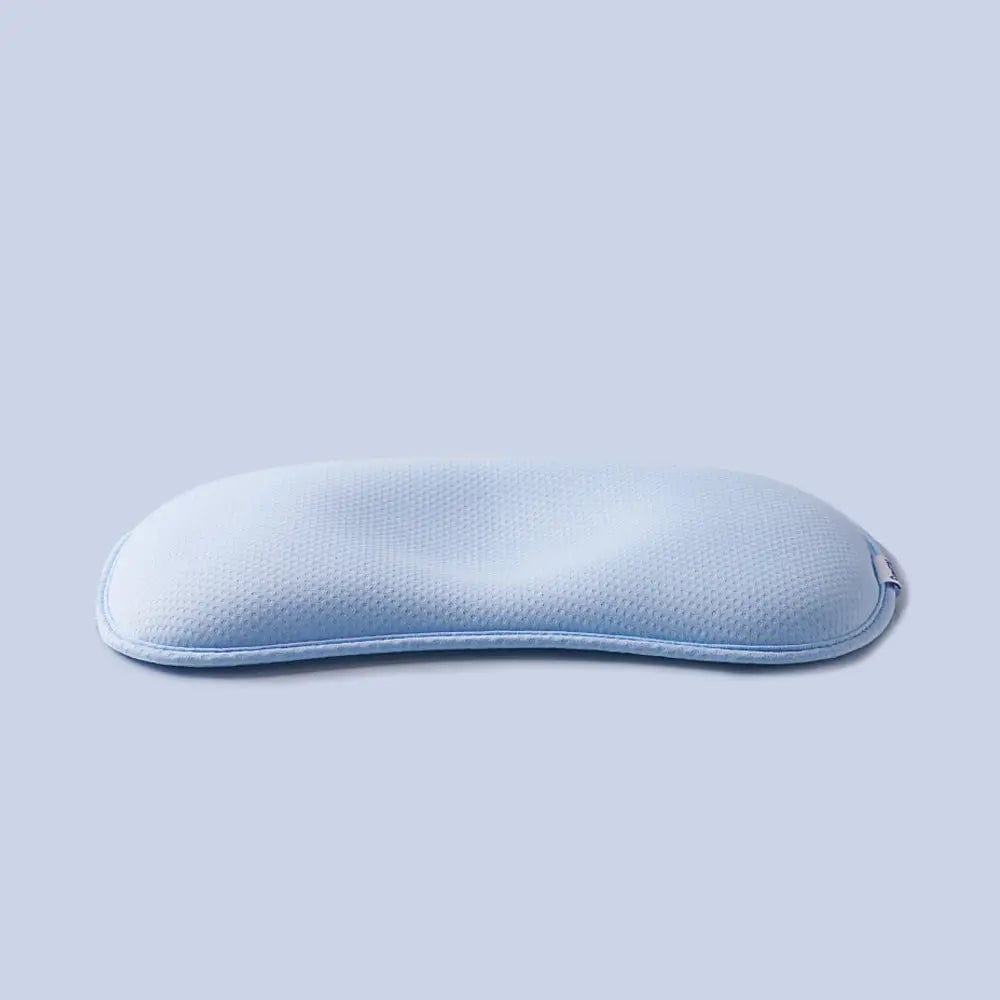 Blue Ergonomic Baby Head Pillow with central contour indentation for flat head prevention.