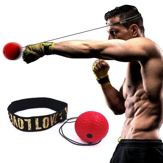 Red Boxing Reflex Ball extending from an athlete's adjustable headband during an active punch drill.