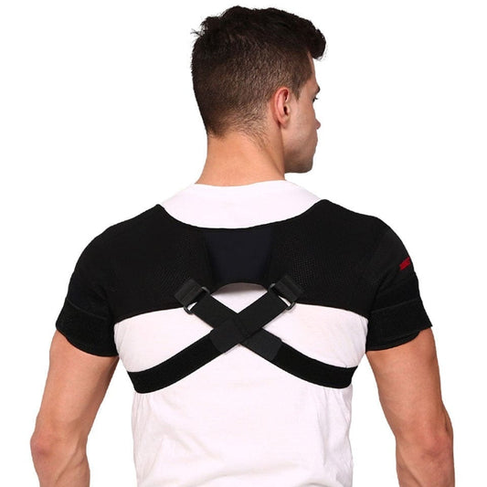 Rear view of a fitness model wearing the black Double Shoulder Brace highlighting the secure cross-strap chest buckle configuration.