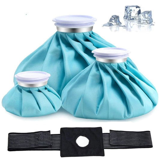Blue Ice Bag for Injuries paired with its adjustable black compression strap.