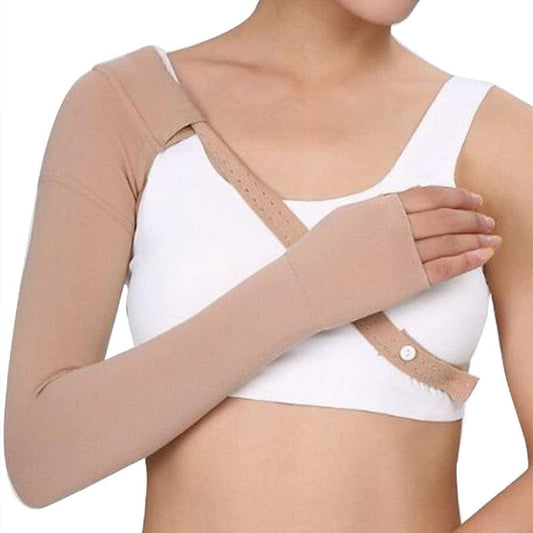 Beige Lymphedema Compression Sleeve on an adult's arm showcasing its secure upper shoulder strap alignment.