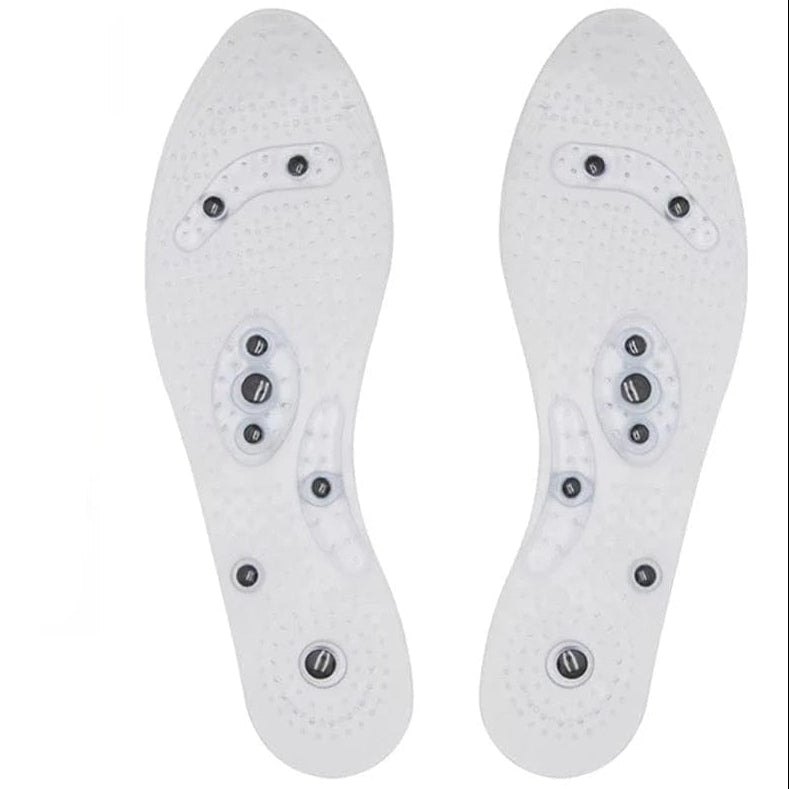 Clear profile layout of the clear silicone Magnetic Insoles | Therapy Insoles highlighting the embedded dark magnetic acupressure nodes.
