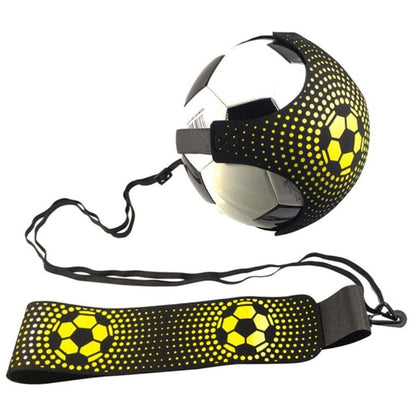 Close-up profile layout of the patterned Soccer Kick Trainer displaying the secure ball glove harness and coiled elastic bungee cord.