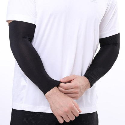 Black UV Protection Sleeves showing their seamless form-fitting fit on an athlete's arms.