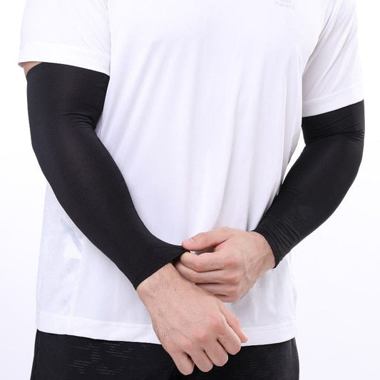 Black UV Protection Sleeves showing their seamless form-fitting fit on an athlete's arms.