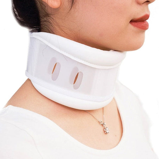 Side layout profile showing a model wearing the adjustable orthopedic neck stabilizer during a restful sleep position.
