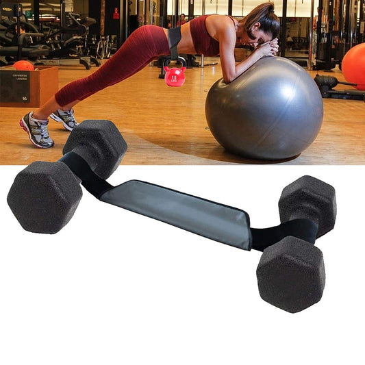 A fitness athlete attaching a heavy dumbbell to a black glute bridge belt for weighted hip thrusts.