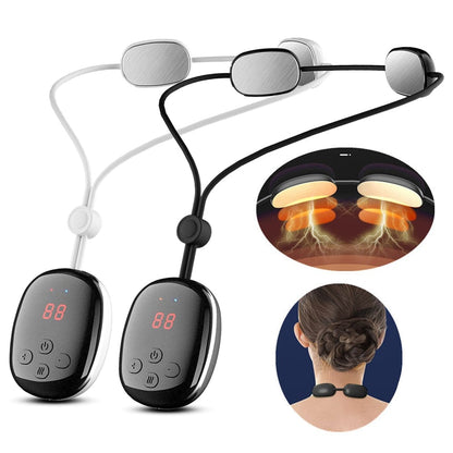 Side view of a model wearing the black heated neck and shoulder massager highlighting the sleek collar profile.