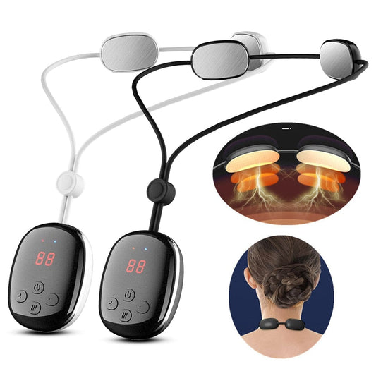 Side view of a model wearing the black heated neck and shoulder massager highlighting the sleek collar profile.