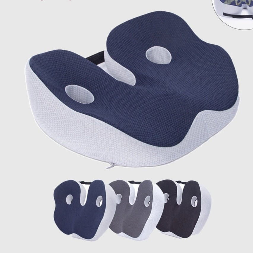 A group layout displaying the gray, black, and blue memory foam chair pads side-by-side.