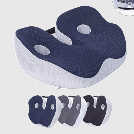 A group layout displaying the gray, black, and blue memory foam chair pads side-by-side.