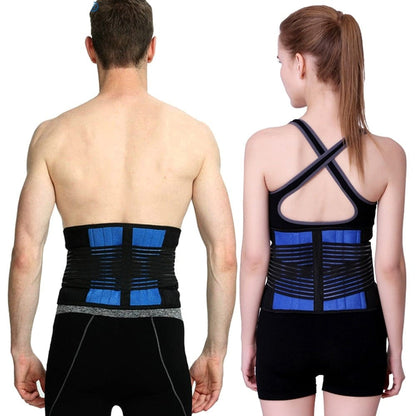 A man and a woman seen from the back wearing a black and blue plus size back brace with adjustable straps.