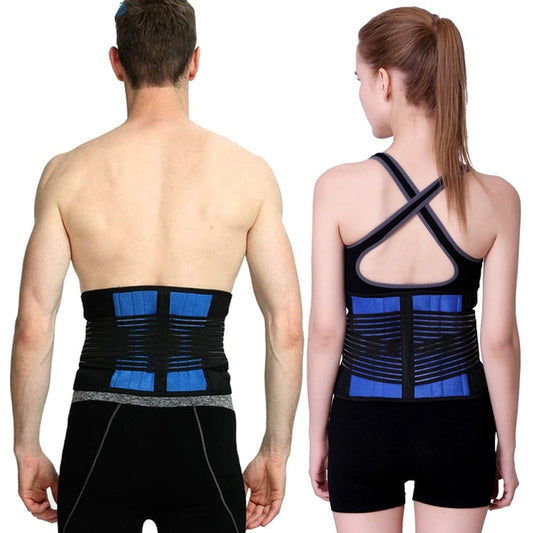 A man and a woman seen from the back wearing a black and blue plus size back brace with adjustable straps.