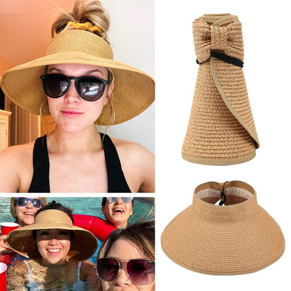 A group layout displaying the roll-up beach straw hat in beige.