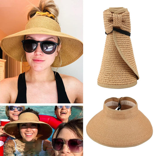 A group layout displaying the roll-up beach straw hat in beige.