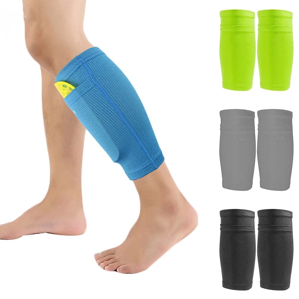 A group layout displaying the green, blue, and orange soccer shin guard sleeves side-by-side.