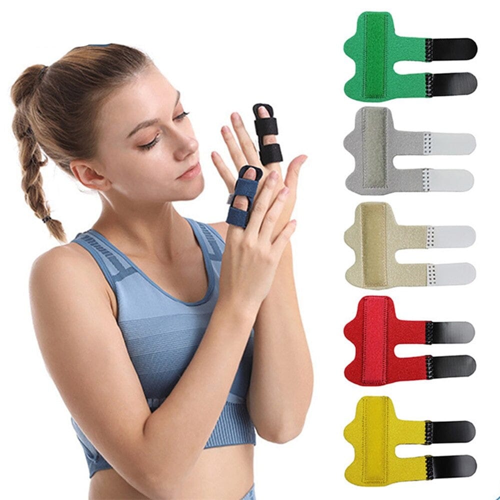 An individual comfortably securing the adjustable compression straps on a trigger finger release brace.